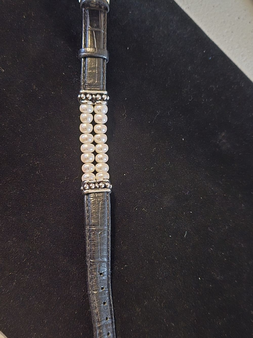 Honora White Pearl & Black Leather Bracelet with Silver Accents